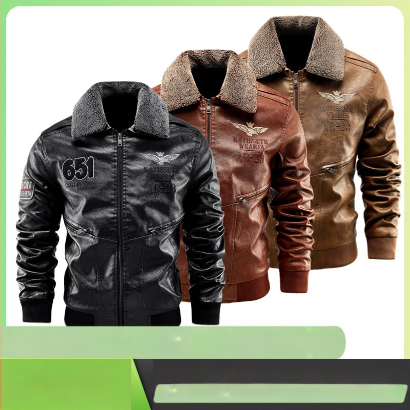 Rudens ir žiemos atvartu su vilnos pamušalu šilta PU odinė vyriška motociklo striukė su vėjui nelaidiu, sustorintu, plonu kirpimu, nuimama kailine apykakle