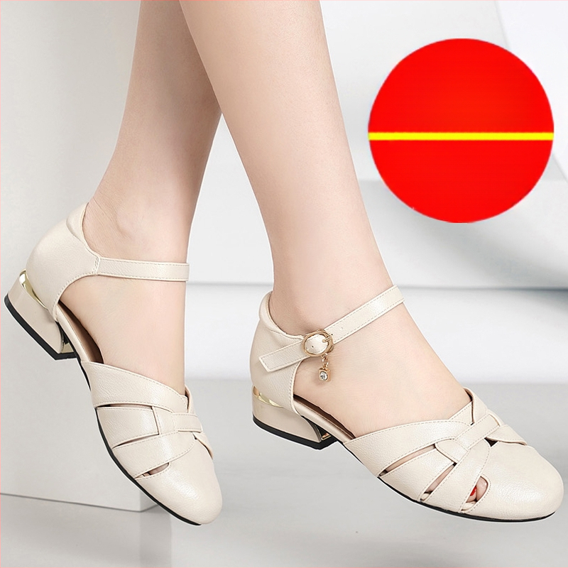 Baotou sandale za žene, ljetne, debele pete, mekani potplat, okrugli prsti, ravno dno, šuplje ženske cipele, lagane kožne cipele za majke srednjih godina