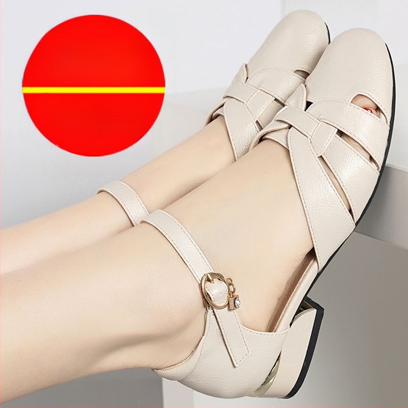 Baotou sandale za žene, ljetne, debele pete, mekani potplat, okrugli prsti, ravno dno, šuplje ženske cipele, lagane kožne cipele za majke srednjih godina
