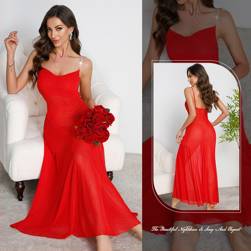 „Muffy Cross-Border Amazon“ metalinė grandinėlė su petnešėlėmis, ilgas sijonas, sūpuojamoji apykaklė, seksualūs tinkliniai naktinukai, įvairių spalvų, 879