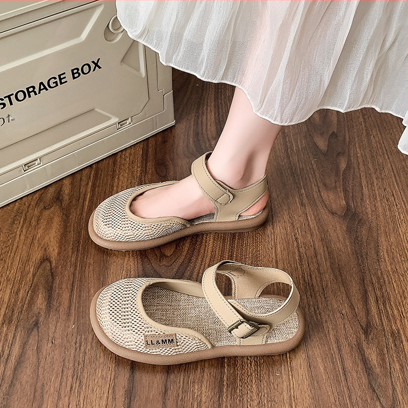 Mori Linen Sandale cu vârf plat pentru femei Sandale de vară cu talpă moale din plasă respirabilă Pantofi cu gaură ÎMPOTRIVA purtării Sandale romane din plasă de bumbac și in