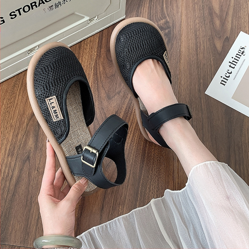 Mori Linen Sandale cu vârf plat pentru femei Sandale de vară cu talpă moale din plasă respirabilă Pantofi cu gaură ÎMPOTRIVA purtării Sandale romane din plasă de bumbac și in