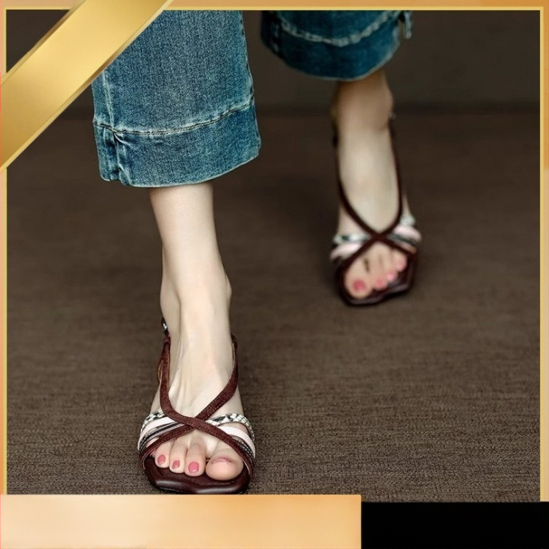 Sandale cu vârf deschis la modă pentru femei, cu toc gros și croială retro, cu vârf pătrat, curea subțire, cu gură de pește, pantofi pentru femei, potrivite pentru culori, la modă, 2025