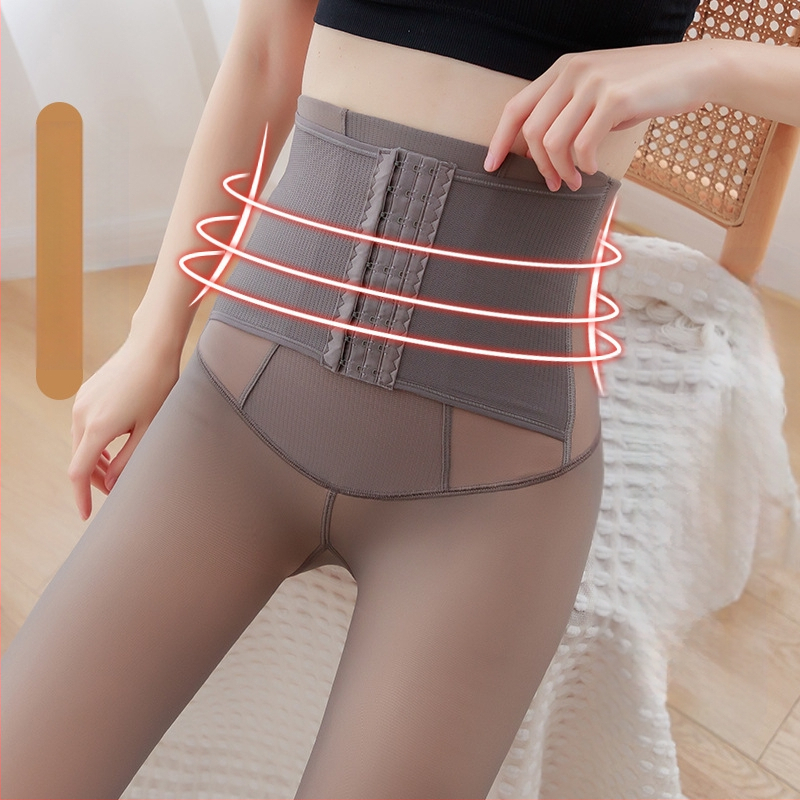 Ženske tajice s visokim strukom i podizanjem bokova od umjetnog mesa, podstavljene flisom, sive, prozirne, trostruke, jednodijelne, za stjuardese