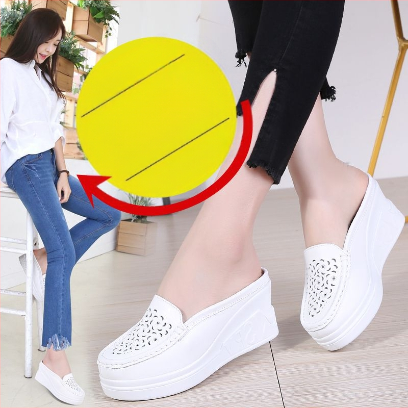 Ljetne sandale od prave kože s platformom i debelim potplatom, bijele cipele s polukliznim podplatom, za mame, s izrezom na prstima za žene