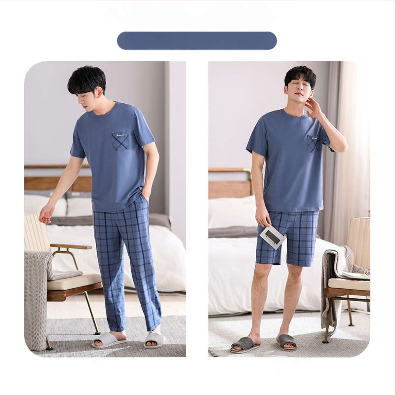 Vyrų vasarinis pižamos komplektas iš grynos medvilnės, trumpomis rankovėmis, plonas languotas medvilninis trijų dalių komplektas, vyriškas vasarinis didelių dydžių namų drabužių komplektas
