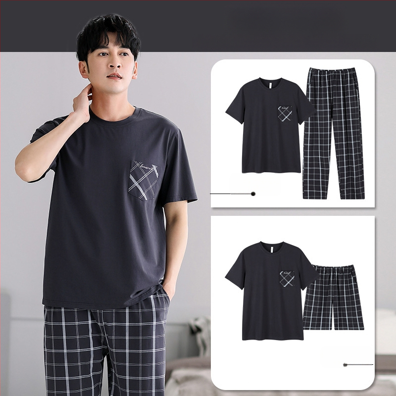 Vyrų vasarinis pižamos komplektas iš grynos medvilnės, trumpomis rankovėmis, plonas languotas medvilninis trijų dalių komplektas, vyriškas vasarinis didelių dydžių namų drabužių komplektas