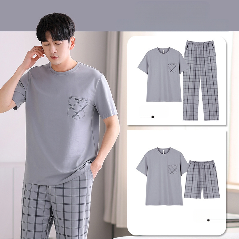 Vyrų vasarinis pižamos komplektas iš grynos medvilnės, trumpomis rankovėmis, plonas languotas medvilninis trijų dalių komplektas, vyriškas vasarinis didelių dydžių namų drabužių komplektas