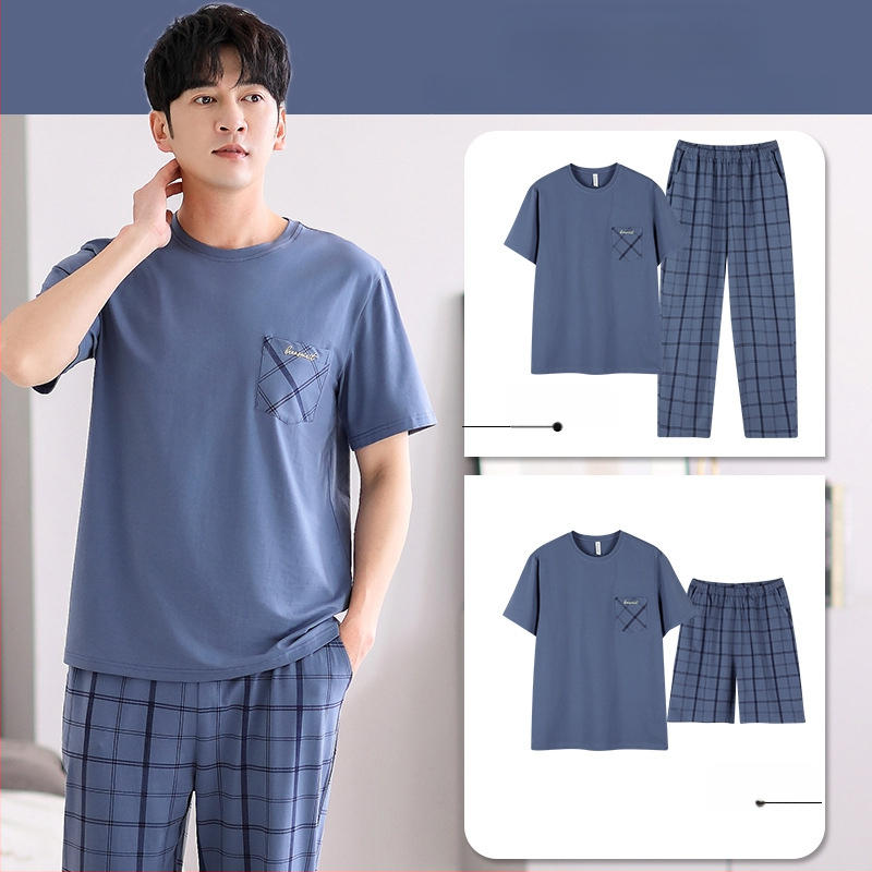 Vyrų vasarinis pižamos komplektas iš grynos medvilnės, trumpomis rankovėmis, plonas languotas medvilninis trijų dalių komplektas, vyriškas vasarinis didelių dydžių namų drabužių komplektas