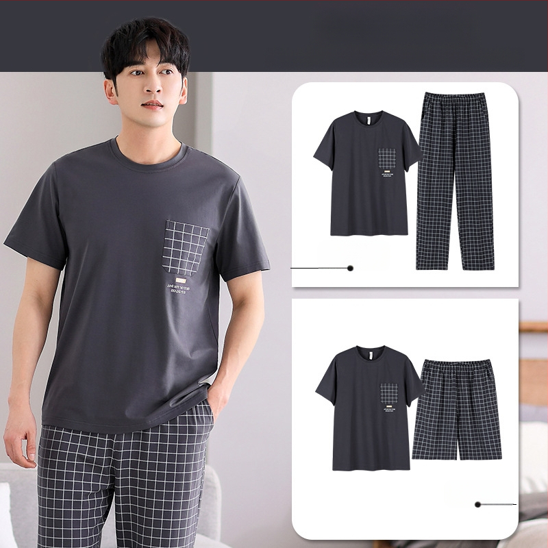 Vyrų vasarinis pižamos komplektas iš grynos medvilnės, trumpomis rankovėmis, plonas languotas medvilninis trijų dalių komplektas, vyriškas vasarinis didelių dydžių namų drabužių komplektas