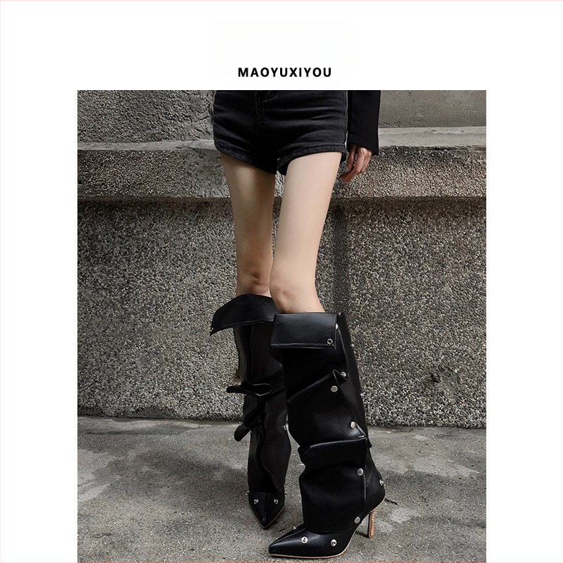 Дамски ботуши с копчета и две стъпала, есен и зима 2024, нови ботуши на висок ток от Spice Girls, модни ботуши с остър тънък ток и дълги ботуши