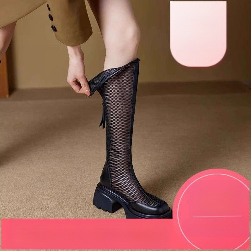 Летни ботуши за жени 2025 Нови черни мрежести ботуши с дебело подметка и кухи ботуши с увеличени експлозии
