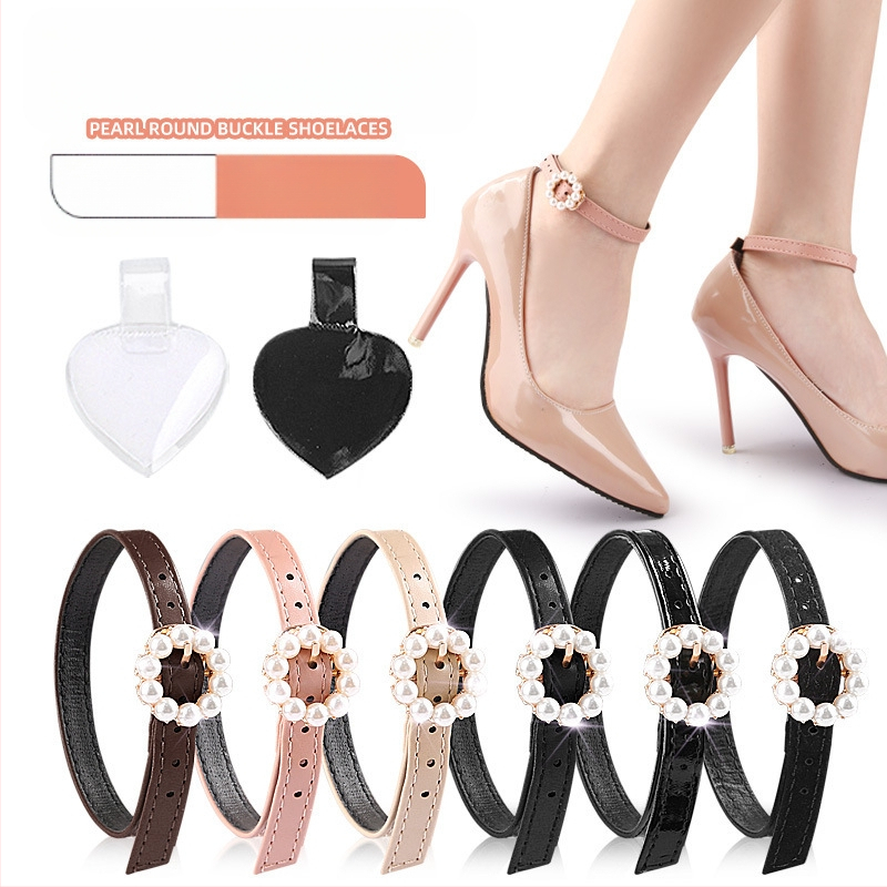 Aukštakulniai bateliai su nėriniuotais, apvaliu perlų sagtimi, kulnu, apsaugančiu nuo kulkšnies, perlų nėriniuotu dirželiu