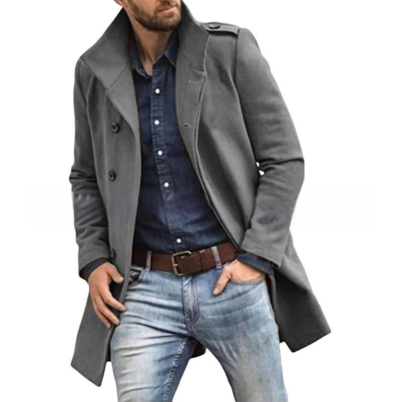 Palton lung de trench pentru bărbați, toamnă și iarnă, transfrontalier, Europa și Statele Unite, din lână, cu guler înalt, culoare solidă, jachetă bărbătească, cu piept