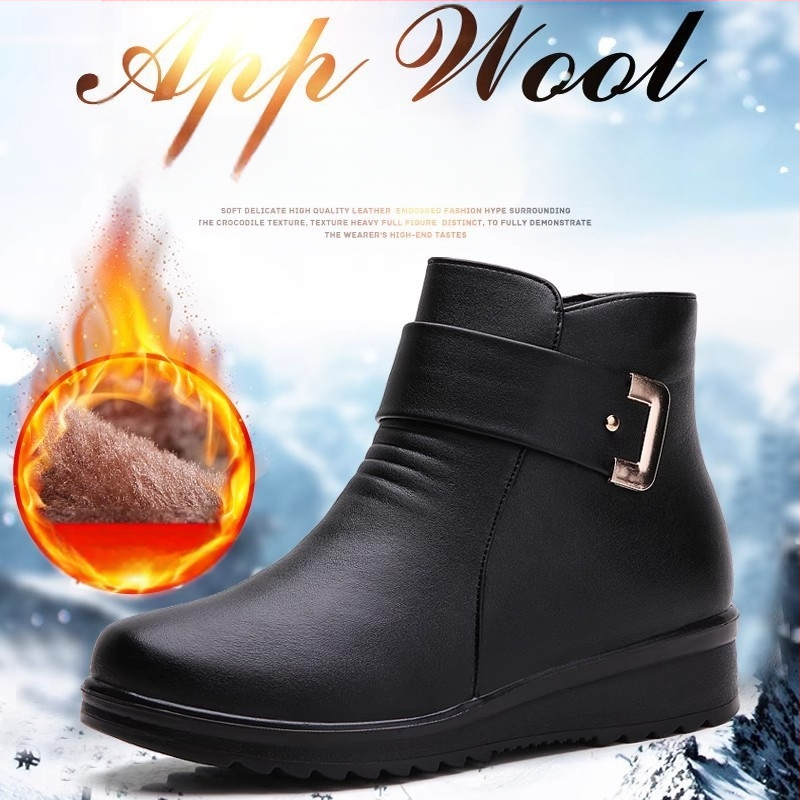 Sieviešu apavi ar vilnas oderi, sabiezināti, plakani, īsi zābaki, paredzēti pusmūža un vecāka gadagājuma sievietēm, silti Martina zābaki sievietēm, 2024. gada ziema.