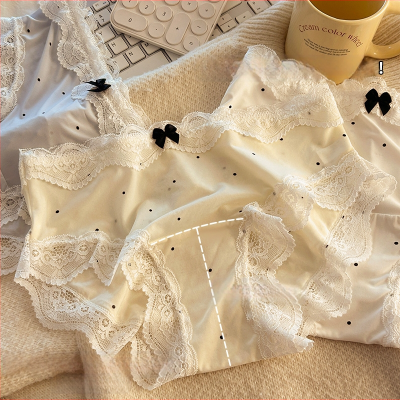 Pailgintas tarpkojis 10A antibakterinis prancūziškas retro stiliaus gryno nėrinių kraštas ledo šilko mergaičių apatiniai vidutinio juosmens moteriškos kelnaitės