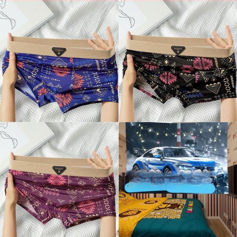 [Viena paciņa] Amerikāņu retro etniskā stila vīriešu apakšveļa Vīriešu ledus zīda elpojošas bokseršorti ar apdrukātu bokseršortu