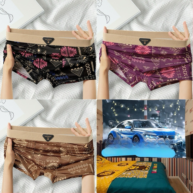 [Viena paciņa] Amerikāņu retro etniskā stila vīriešu apakšveļa Vīriešu ledus zīda elpojošas bokseršorti ar apdrukātu bokseršortu