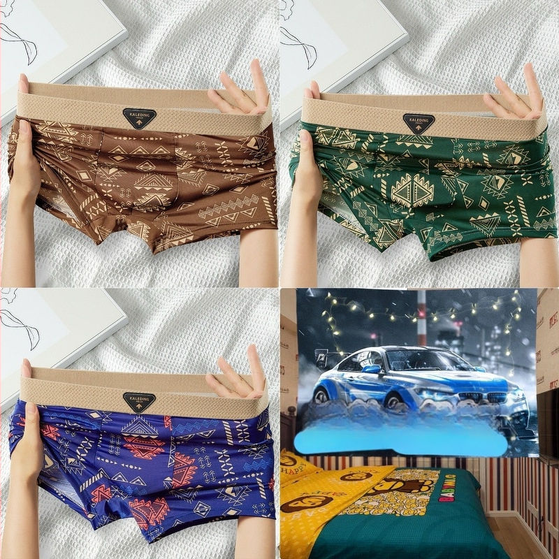 [Viena paciņa] Amerikāņu retro etniskā stila vīriešu apakšveļa Vīriešu ledus zīda elpojošas bokseršorti ar apdrukātu bokseršortu
