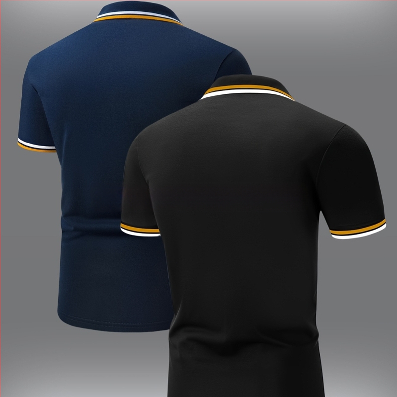 Комплект мъжки ризи с къс ръкав и контрастна яка - лек полиестер, меко синьо и розово