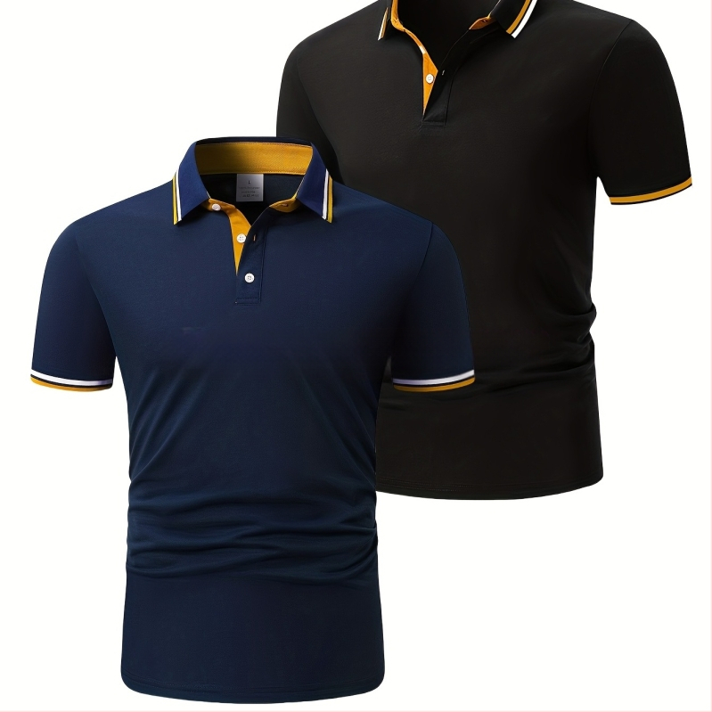 Комплект мъжки ризи с къс ръкав и контрастна яка - лек полиестер, меко синьо и розово