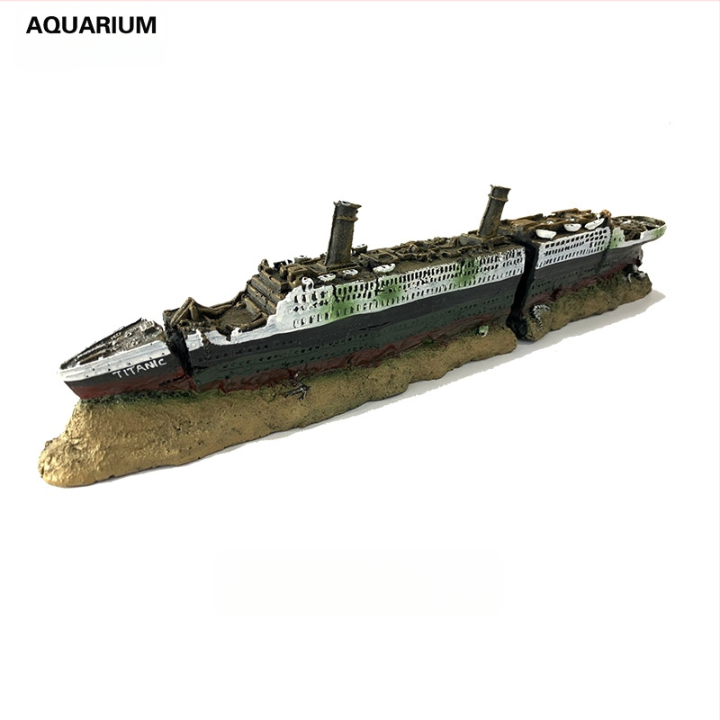 Akvārija akvārija ainavu rotājumi, kuģa vraka dekorēšana, Titānika vraka akvārija komplekta simulācija, dzelzs Donic kuģa vraks