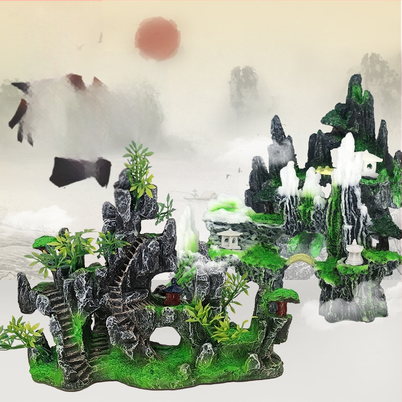 Karsto kalnu akmeņu zivju tvertnes ainavu dekoratīvās klinšu imitācijas sveķu akvārija dekorēšanas rotājumi rūpnīcas tieša piegāde