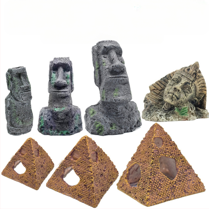 Cilvēka sejas akmens statuja Lieldienu salas sveķu akmens statuja zivju tvertnes ainavu rāpojošās kastes dekorācija ainavu akvārija statujas dekorācija