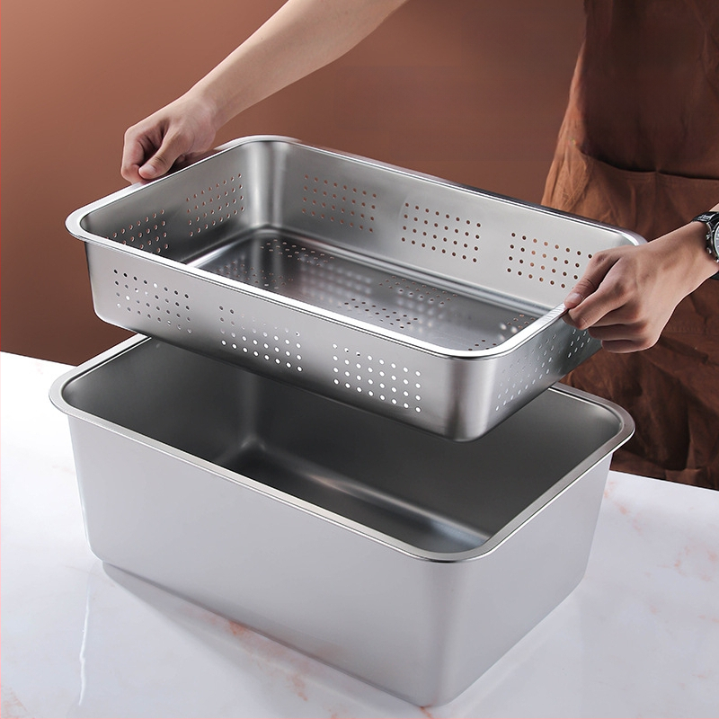 Tavă pătrată cu fund plat din oțel inoxidabil, tavă dreptunghiulară comercială, adâncire, perforare, bazin pătrat, bazin de scurgere, costum, bazin pentru legume prăjite