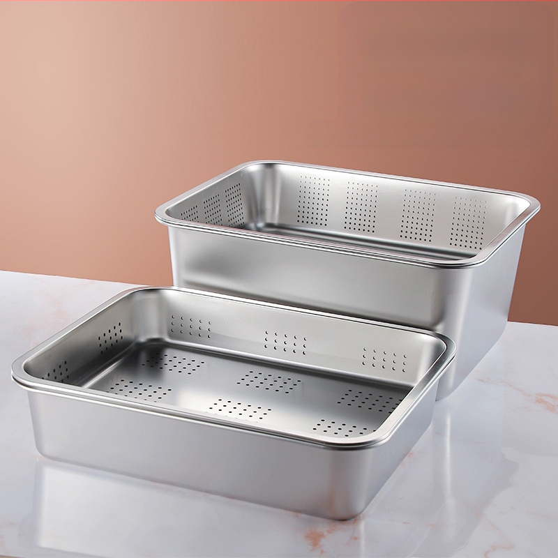 Tavă pătrată cu fund plat din oțel inoxidabil, tavă dreptunghiulară comercială, adâncire, perforare, bazin pătrat, bazin de scurgere, costum, bazin pentru legume prăjite