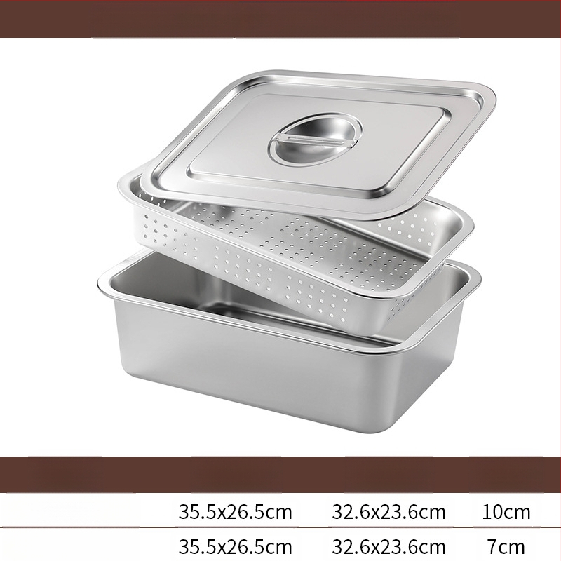 Tavă pătrată cu fund plat din oțel inoxidabil, tavă dreptunghiulară comercială, adâncire, perforare, bazin pătrat, bazin de scurgere, costum, bazin pentru legume prăjite