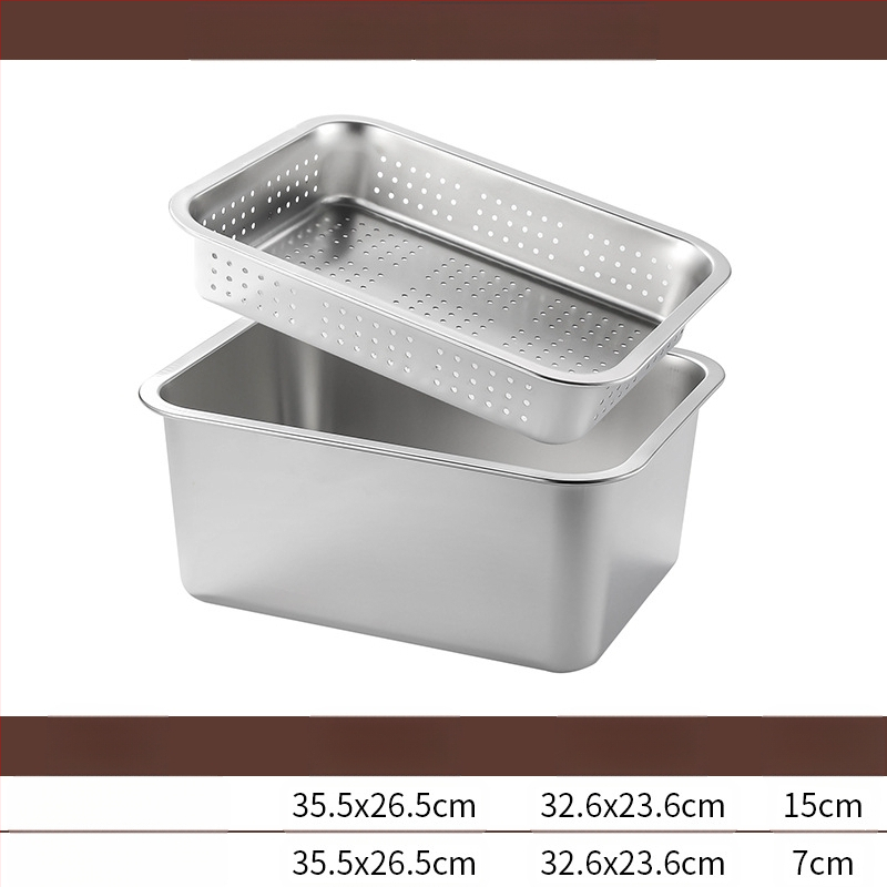 Tavă pătrată cu fund plat din oțel inoxidabil, tavă dreptunghiulară comercială, adâncire, perforare, bazin pătrat, bazin de scurgere, costum, bazin pentru legume prăjite