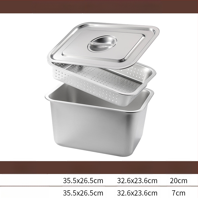 Tavă pătrată cu fund plat din oțel inoxidabil, tavă dreptunghiulară comercială, adâncire, perforare, bazin pătrat, bazin de scurgere, costum, bazin pentru legume prăjite