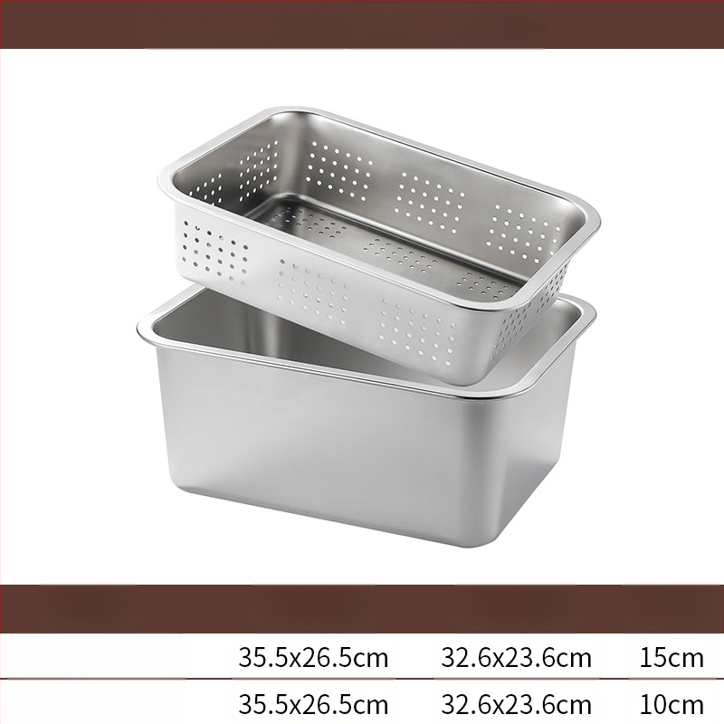 Tavă pătrată cu fund plat din oțel inoxidabil, tavă dreptunghiulară comercială, adâncire, perforare, bazin pătrat, bazin de scurgere, costum, bazin pentru legume prăjite