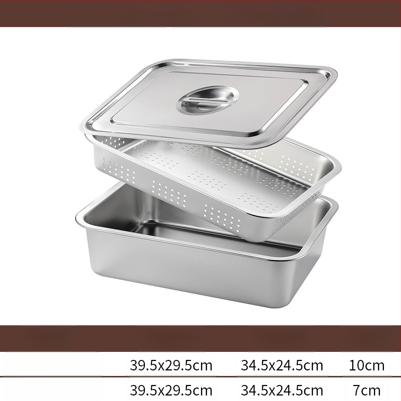 Tavă pătrată cu fund plat din oțel inoxidabil, tavă dreptunghiulară comercială, adâncire, perforare, bazin pătrat, bazin de scurgere, costum, bazin pentru legume prăjite