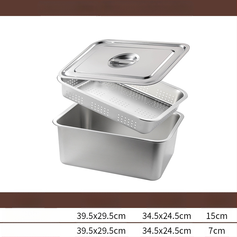 Tavă pătrată cu fund plat din oțel inoxidabil, tavă dreptunghiulară comercială, adâncire, perforare, bazin pătrat, bazin de scurgere, costum, bazin pentru legume prăjite