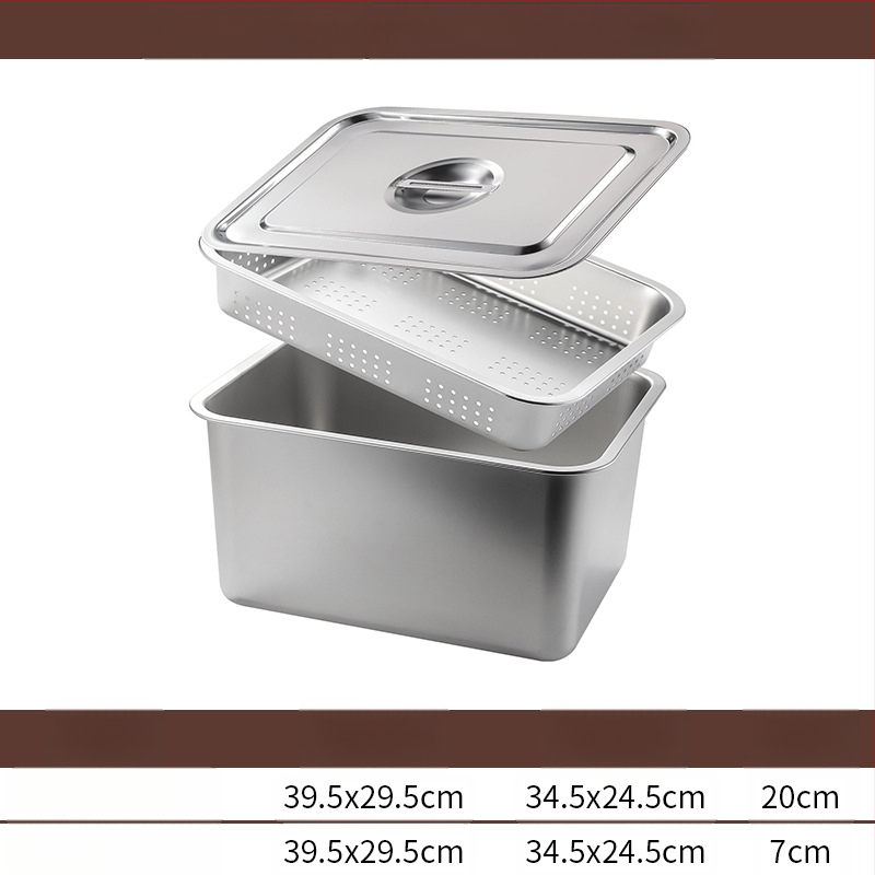Tavă pătrată cu fund plat din oțel inoxidabil, tavă dreptunghiulară comercială, adâncire, perforare, bazin pătrat, bazin de scurgere, costum, bazin pentru legume prăjite