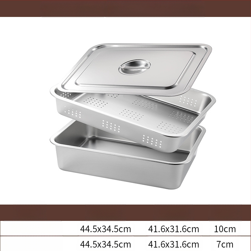 Tavă pătrată cu fund plat din oțel inoxidabil, tavă dreptunghiulară comercială, adâncire, perforare, bazin pătrat, bazin de scurgere, costum, bazin pentru legume prăjite