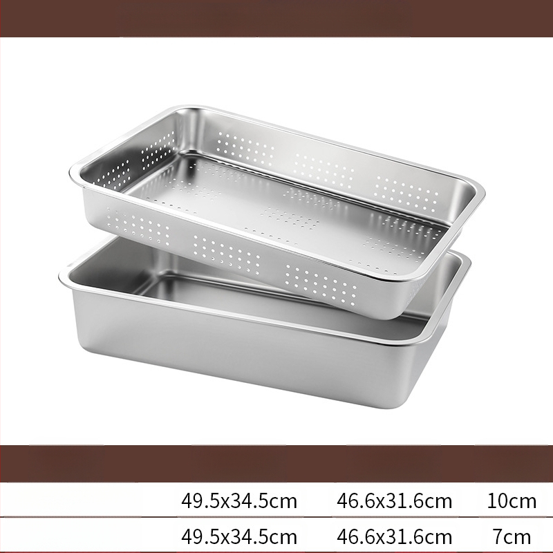 Tavă pătrată cu fund plat din oțel inoxidabil, tavă dreptunghiulară comercială, adâncire, perforare, bazin pătrat, bazin de scurgere, costum, bazin pentru legume prăjite