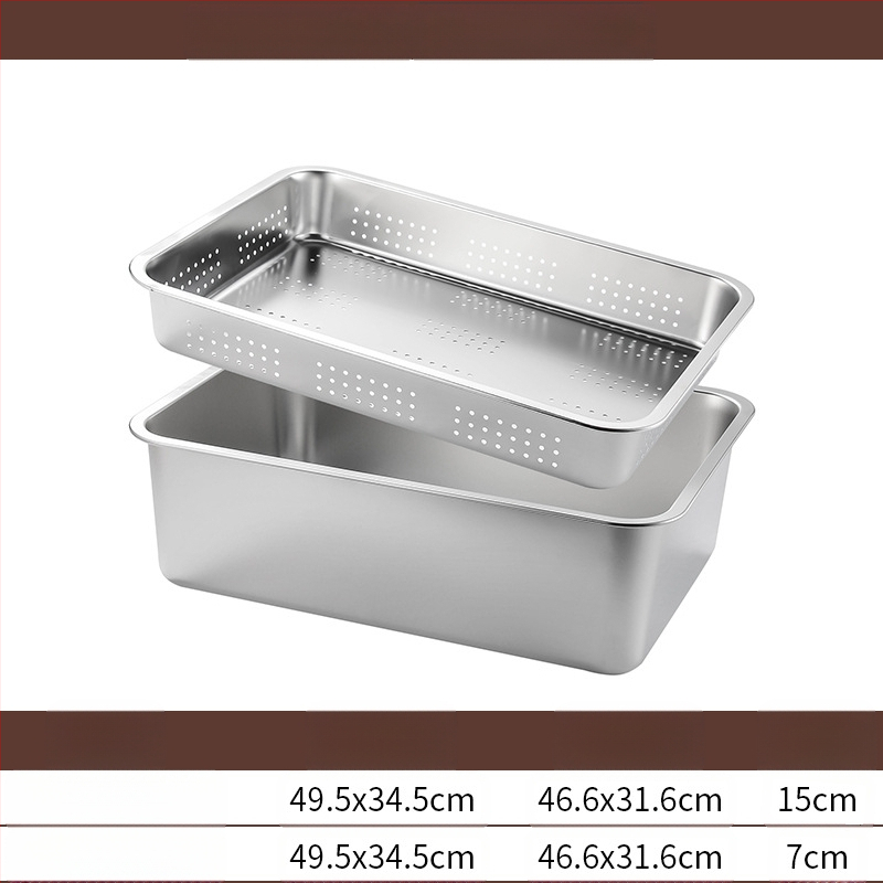 Tavă pătrată cu fund plat din oțel inoxidabil, tavă dreptunghiulară comercială, adâncire, perforare, bazin pătrat, bazin de scurgere, costum, bazin pentru legume prăjite