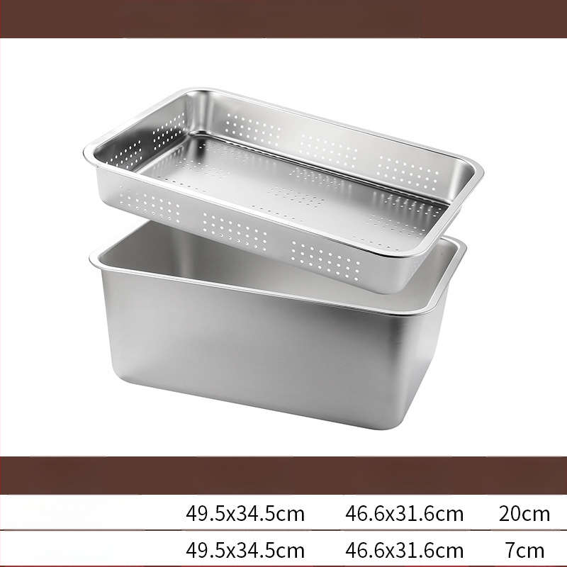Tavă pătrată cu fund plat din oțel inoxidabil, tavă dreptunghiulară comercială, adâncire, perforare, bazin pătrat, bazin de scurgere, costum, bazin pentru legume prăjite
