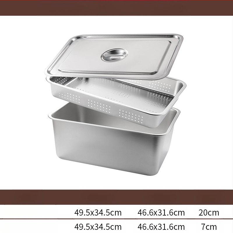 Tavă pătrată cu fund plat din oțel inoxidabil, tavă dreptunghiulară comercială, adâncire, perforare, bazin pătrat, bazin de scurgere, costum, bazin pentru legume prăjite