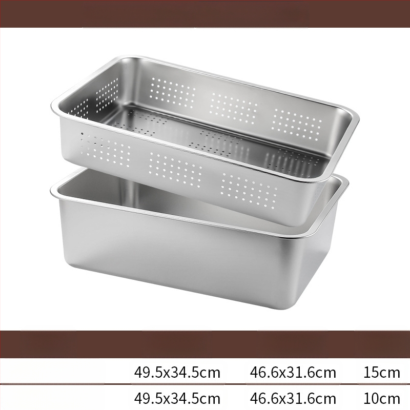 Tavă pătrată cu fund plat din oțel inoxidabil, tavă dreptunghiulară comercială, adâncire, perforare, bazin pătrat, bazin de scurgere, costum, bazin pentru legume prăjite