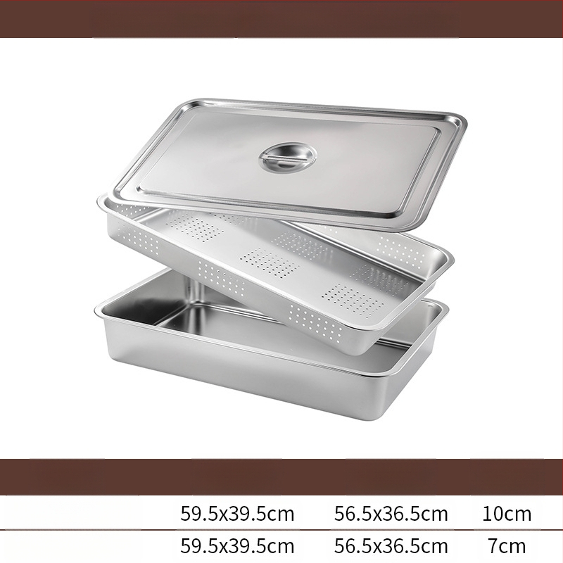 Tavă pătrată cu fund plat din oțel inoxidabil, tavă dreptunghiulară comercială, adâncire, perforare, bazin pătrat, bazin de scurgere, costum, bazin pentru legume prăjite