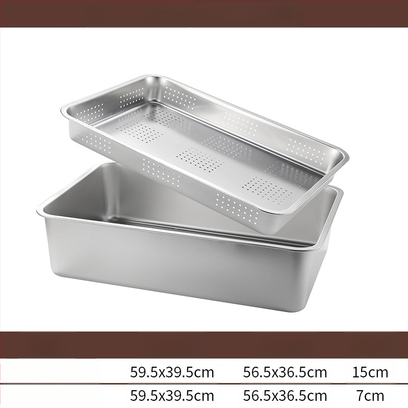 Tavă pătrată cu fund plat din oțel inoxidabil, tavă dreptunghiulară comercială, adâncire, perforare, bazin pătrat, bazin de scurgere, costum, bazin pentru legume prăjite