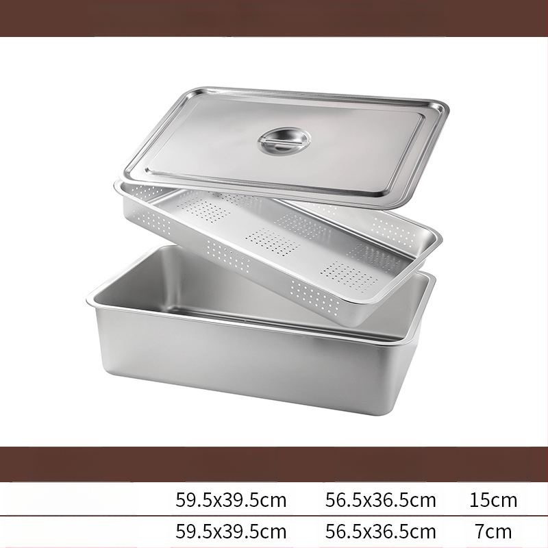 Tavă pătrată cu fund plat din oțel inoxidabil, tavă dreptunghiulară comercială, adâncire, perforare, bazin pătrat, bazin de scurgere, costum, bazin pentru legume prăjite
