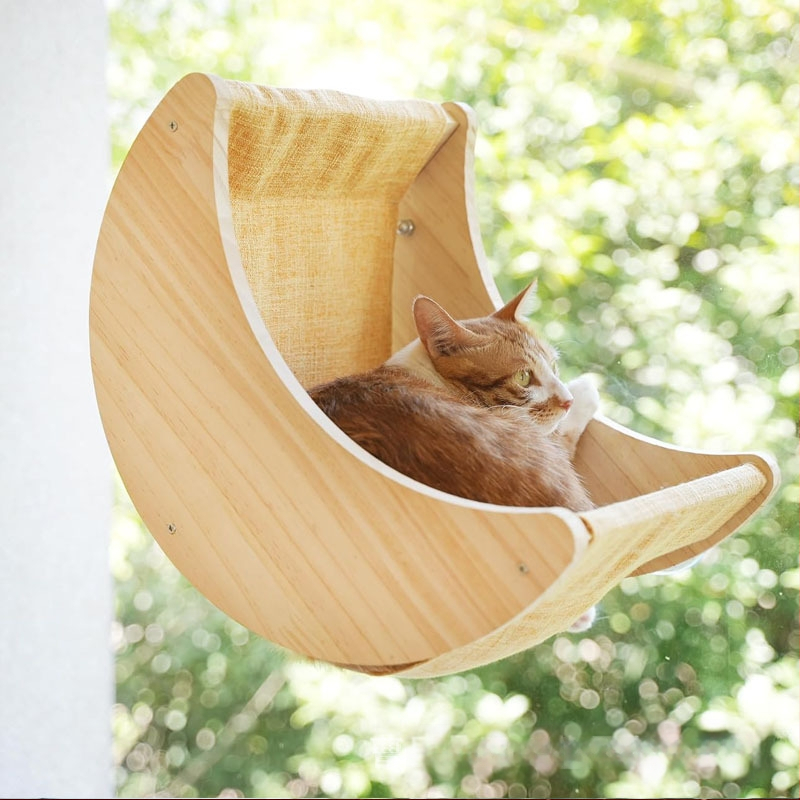 Medinis mėnulio formos hamakas katėms ant palangės, kačių guolis, prie sienos tvirtinamas kačių guolis, palangė, žaislas katėms laipioti, medinis kačių guolis patalpoms