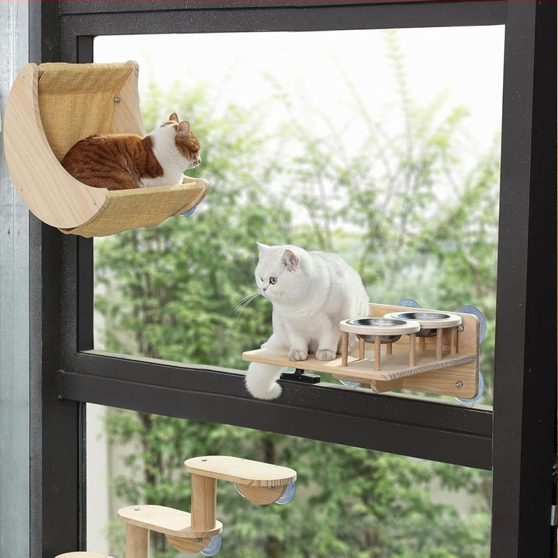 Medinis mėnulio formos hamakas katėms ant palangės, kačių guolis, prie sienos tvirtinamas kačių guolis, palangė, žaislas katėms laipioti, medinis kačių guolis patalpoms