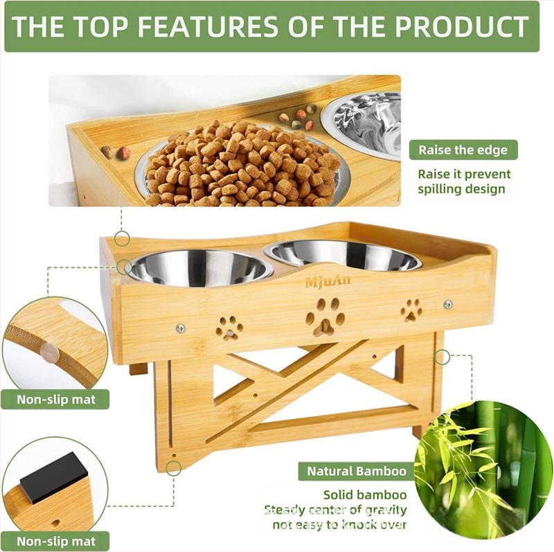 Drevený stojan na misky pre domáce zvieratá, vertikálne zvyšujúci sa výšku, miska na krmivo pre domáce zvieratá, šikmá ochrana krku, stojan na vodu pre mačky, miska na krmivo pre psov, jedálenský stôl