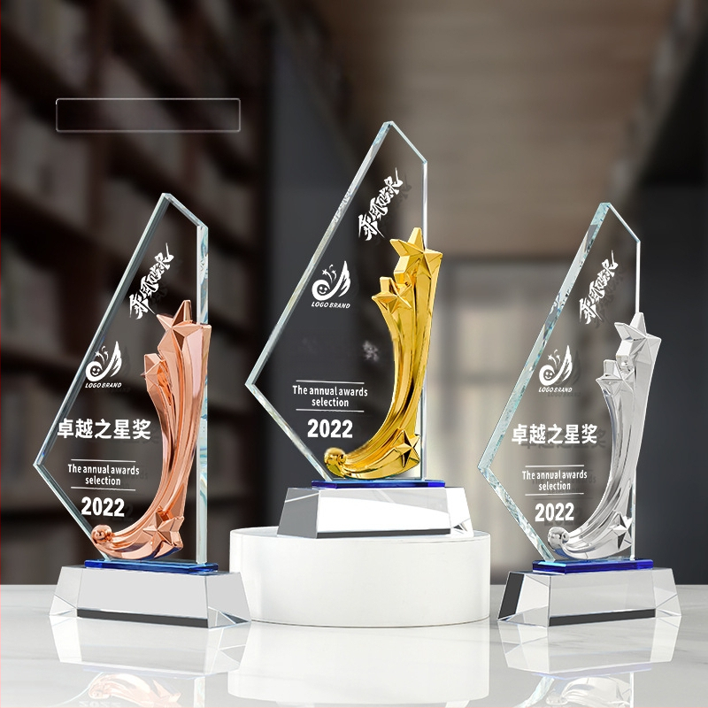 Kristāla trofejas metāla kristāla trofejas radoša piecu zvaigžņu augstas klases eleganta izcila personāla pārdošanas čempiona balvas karte